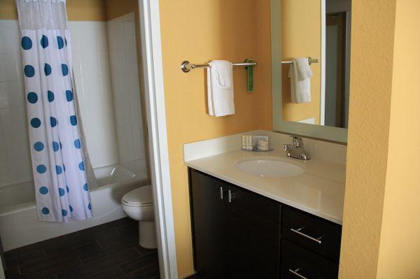 The bathroom was super nice - very clean!  Plenty of storage.  Love cloth shower curtains