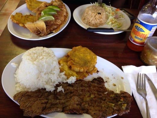 Columbian: Churrasco, whole fried fish, hot sauce, tostones and soda