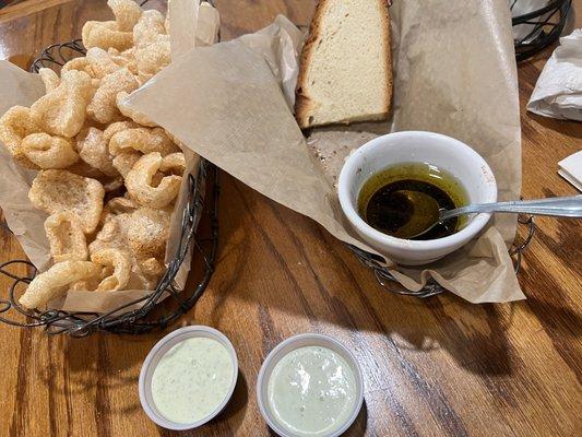 Chicharron and bread basket.