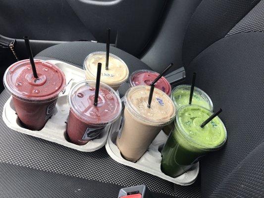 A bunch of the different types of smoothies:  The berry color is the Noreastern Green- Green Peace Tan- Nohli Banana