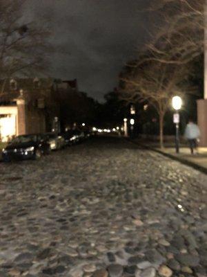 Oldest cobblestone street in Charleston - Chalmers Street. Blurry for ghostly affect