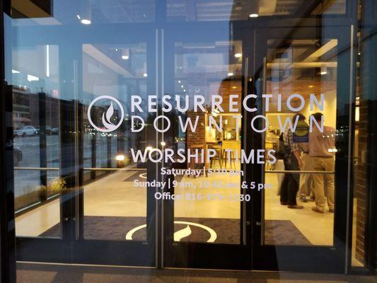 Resurrection Downtown at 1601 Grand Blvd.   Worship Times:  Saturday | 5:10PM and Sunday | 9AM, 10:45AM, & 5PM.