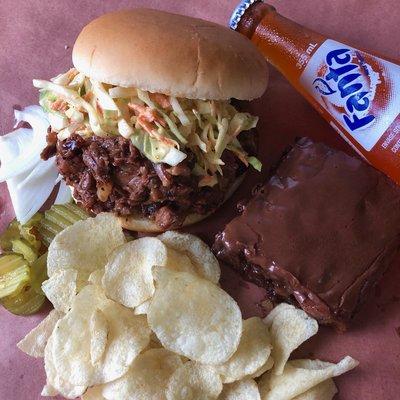 Chopped brisket sandwich, and Texas chocolate sheet cake!