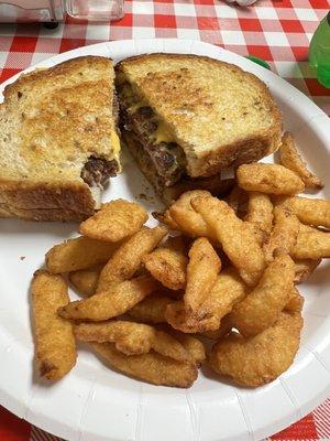 Patty Melt and onion ring petals