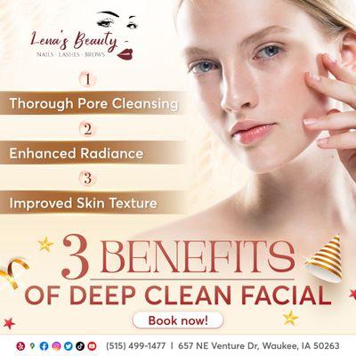 Discover the Secret to Glowing Skin with our Deep Clean Facial! 
 Deep cleanse your pores and get rid of impurities.
 Enjoy a lumin