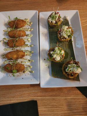 Croquetas and Tostone cups filled with picadillo