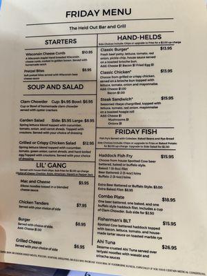 Friday fish fry menu