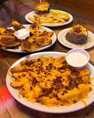 Tater Skins, Cheese Fries, Loaded Baked Potato, and Cheeseburger