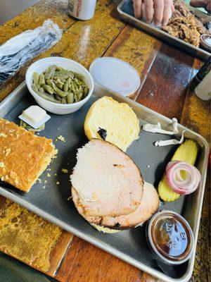 Turkey sandwich. Corn bread. Green beans.