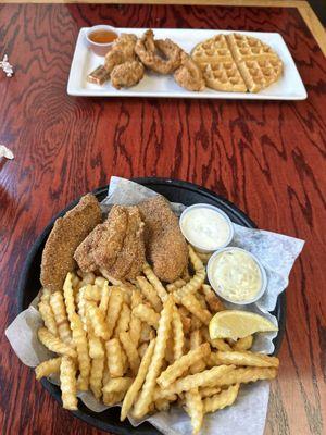 Chicken and waffles. Cajun Catfish basket.