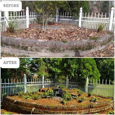 This above ground garden was saved from destruction and redesigned to include a garden pond.