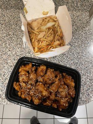 House lo mein and sesame chicken