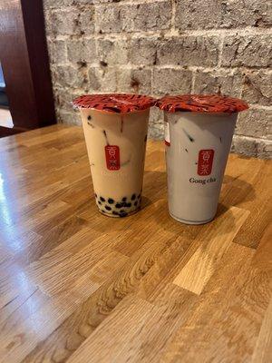 Pearl milk tea on the left, taro milk tea without boba on right