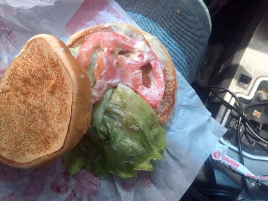 Chicken sandwich with no chicken and asked for no tomatoes so they gave me one with a bite out of it . Yummy ! Thanks Wendy's