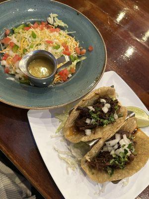 Goat Birria tacos, Side Green Salad w/Citrus Vinaigrette