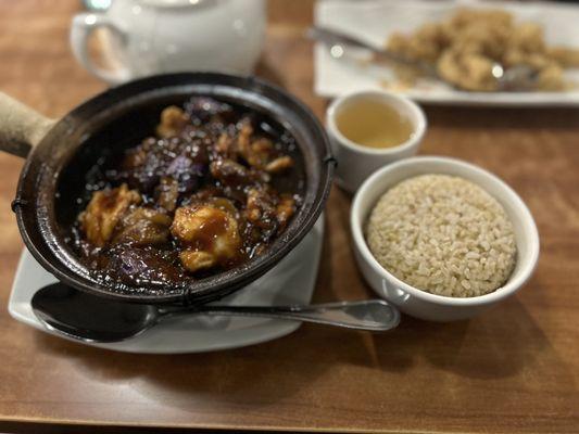 Home Style Trio w/Eggplant in Clay Pot  Salt & Pepper Squid