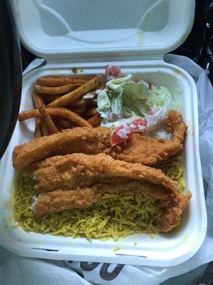 2 pieces big whiting fish with rice n salad $8.50 beautiful no dark oil as look n taste