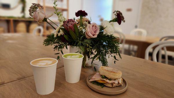 Hazelnut brown sugar latte, matcha and turkey pesto sandwich