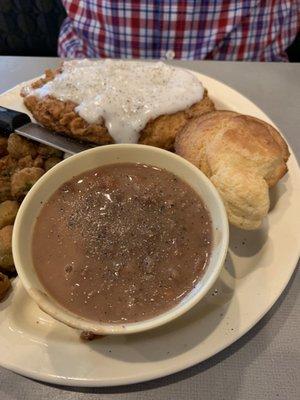 Country fried chicken plate with pintos and fried okra. Husband loved it.