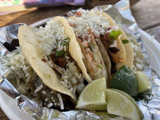 Lengua, Chorizo, Green Chiles and Cheese, Carnitas, Spicy Mushroom