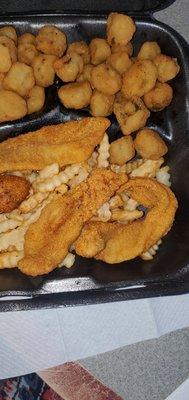 Lunch plate...3 filets, fries, fried okra