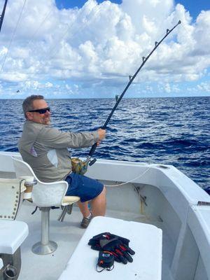 Reeling in an 8 foot bull shark.