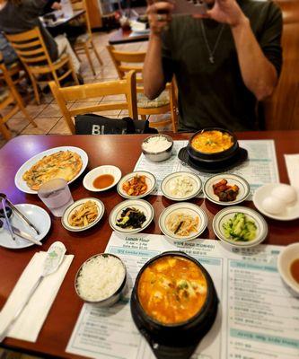 Dinner! Combo tofu soup (bottom) dumpling tofu soup (top)