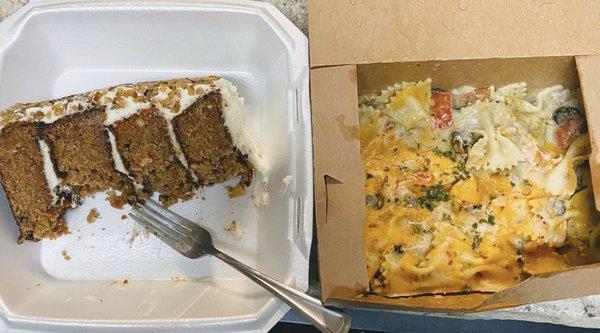 Best Italian food in Utah. Green chili bow tie pasta and a huge carrot cake, to-go.