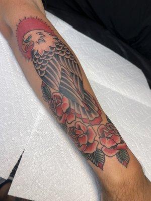 Traditional eagle and roses by Johnny @sanctifiedentity