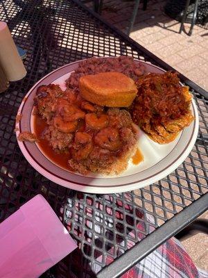 Seafood casserole cornbread smothered okra and black eyed peas