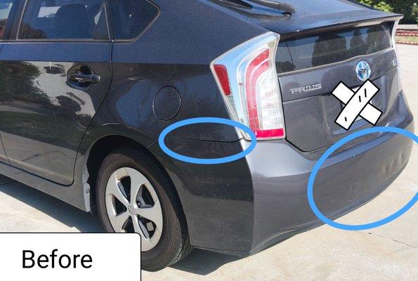 Before photograph of my cars damage. The circled parts are the damages. There is a gap and dent on bumper after car accident.