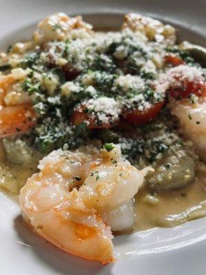 Mushroom Ravioli , shrimp, corn cream sauce