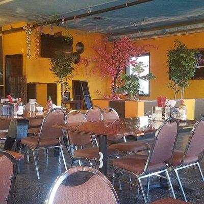 Seating area with fun colorful decor.