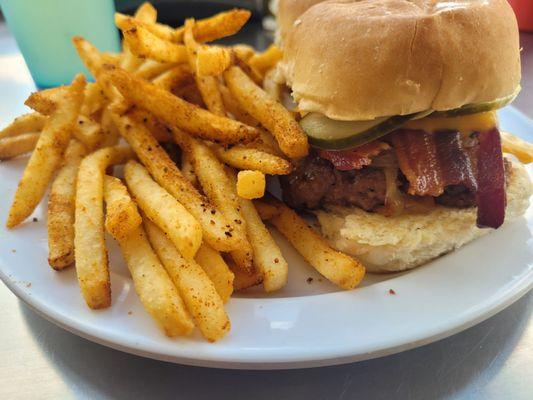 Cajun fries and bacon cheeseburger sliders