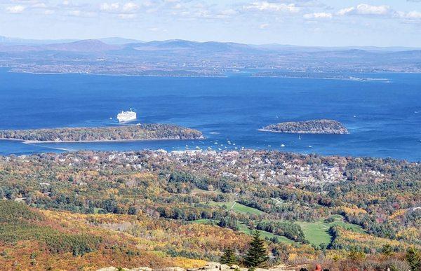 The NCL Pearl from Cadillac Mountain, Arcadia National Park. The port below is Bar Harbor.