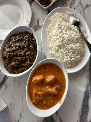 Lamb saag and tiki masala with rice.