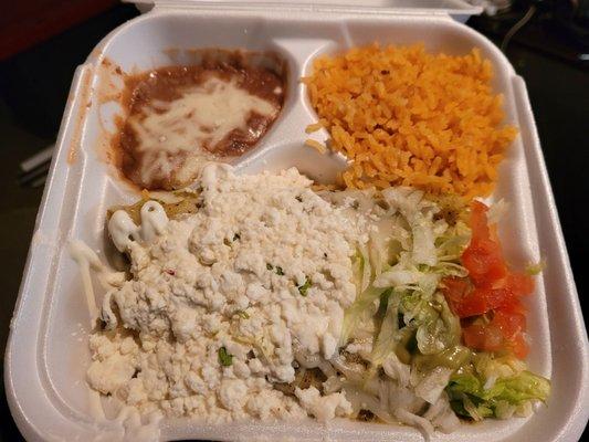 3 enchilada (chicken with green salsa) plate with rice and beans, $9.99