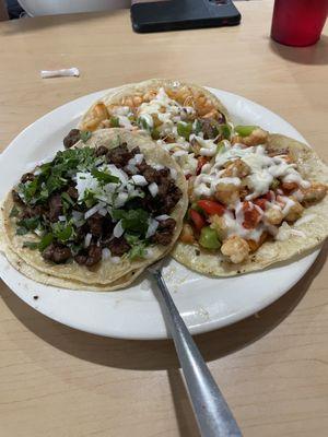 Tacos de asada and tacos de camarón