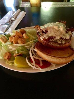 The Bubba Burger - burger with blue cheese and bacon. Side salad, but fries/tots are also an option.