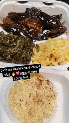 Bar b que rib, Mac and cheese collard greens and seafood salad.