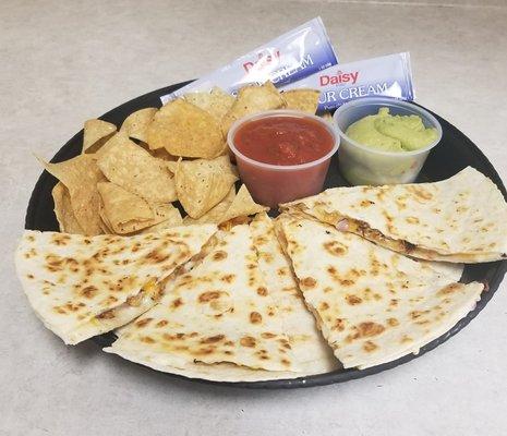 Chicken quesadilla with homemade chips and salsa