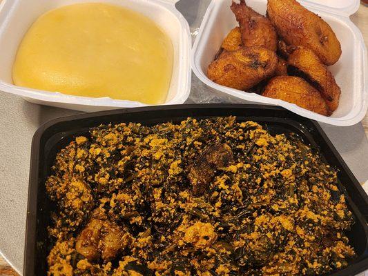 Egusi with Beef, Plantain fufu and Sweet Plantains to go