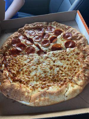 1/2 pepperoni 1/2 cheese Stuffed crust.  8/10