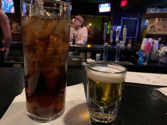 $4.25 Captain Morgan on Tuesday. Also pictured: mini beer shot