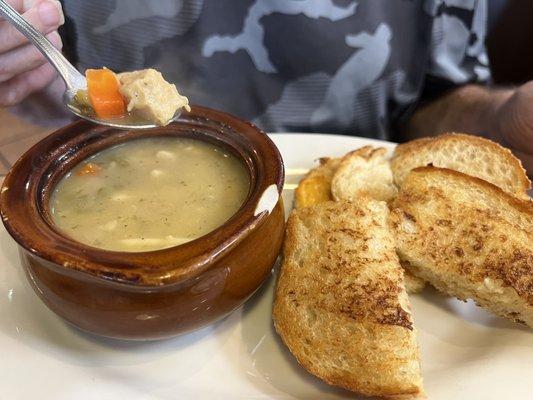 Cup Chicken Noodle Soup and grilled cheese sandwich