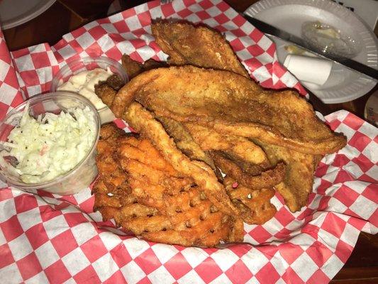 Perch basket with sweet potato fries.