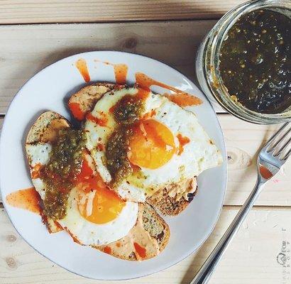 Homemade Open Faced Egg Sandwich with Tomatillo Salsa