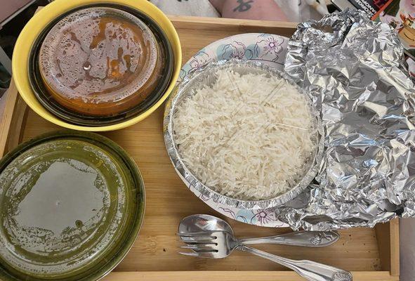 Butter chicken, paleek paneer, rice and naan