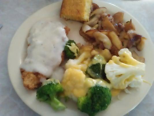 Chicken Fried Chicken, broccoli and cauliflower with cheese, grilled potatoes and cornbread. The lunch special.