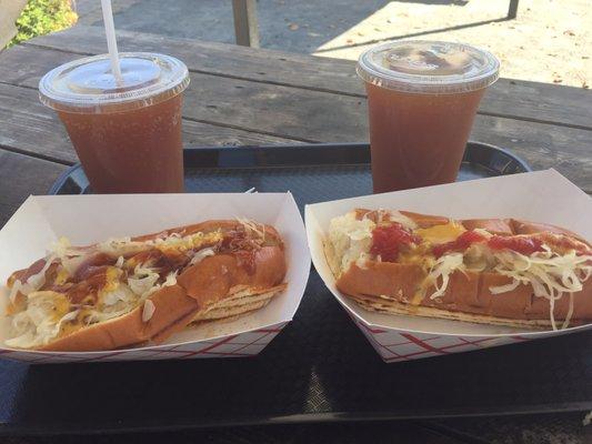 Sauerkraut dogs and apple cider